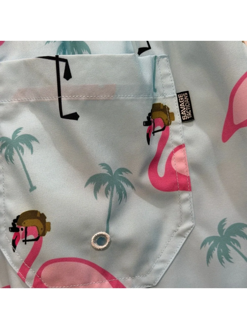Savage Tacticians Men's Swim Trunks Sz Large Blue Tactical Flamingo Shorts Lined